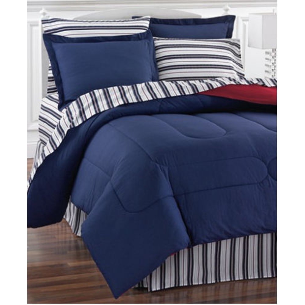 Red & Blue Nautical Stripe, Patriotic, Reversible Queen Comforter Set (8 Piece Bed In Bag