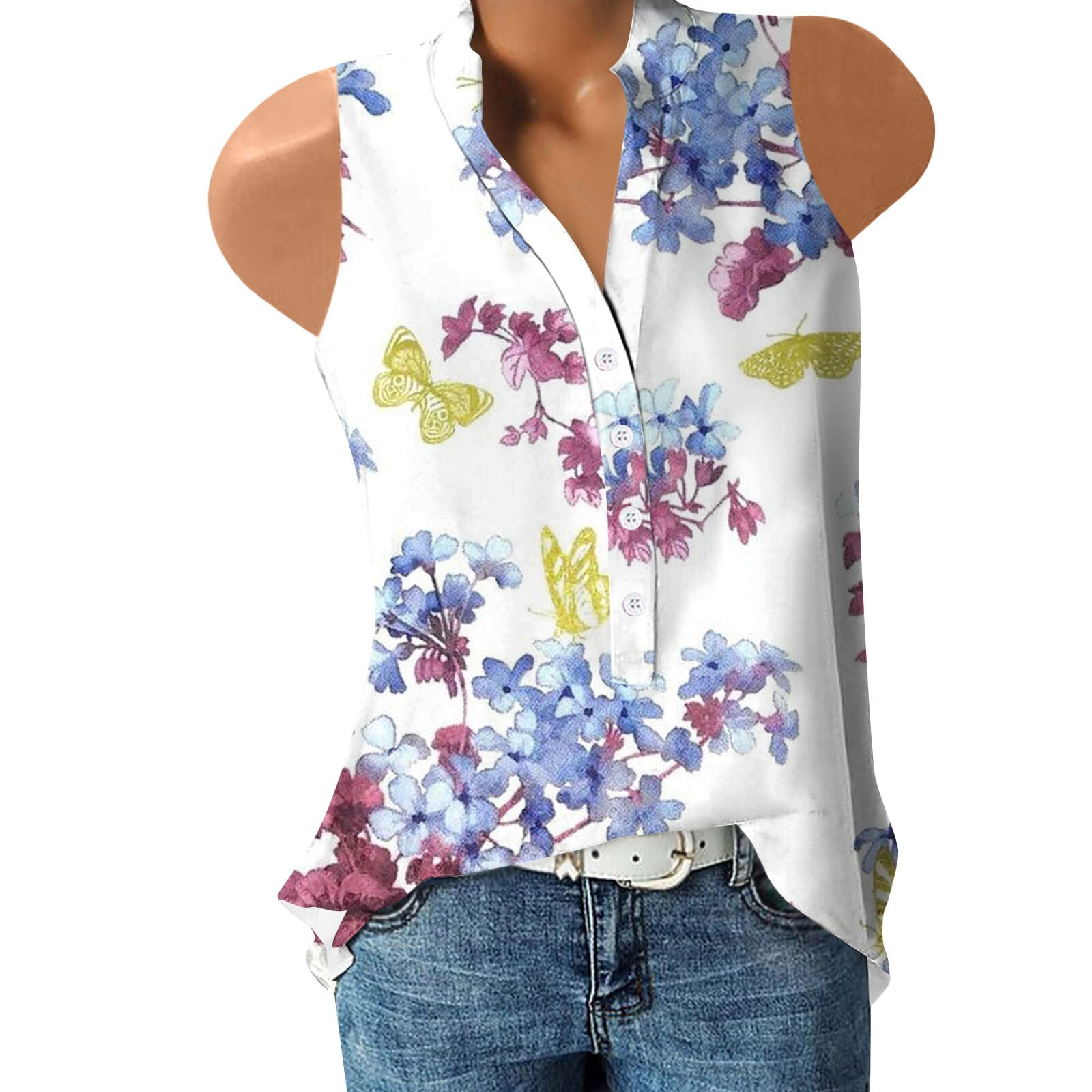 Apepal Women Tops Printed V-neck Button-down Shirts Sleeveless