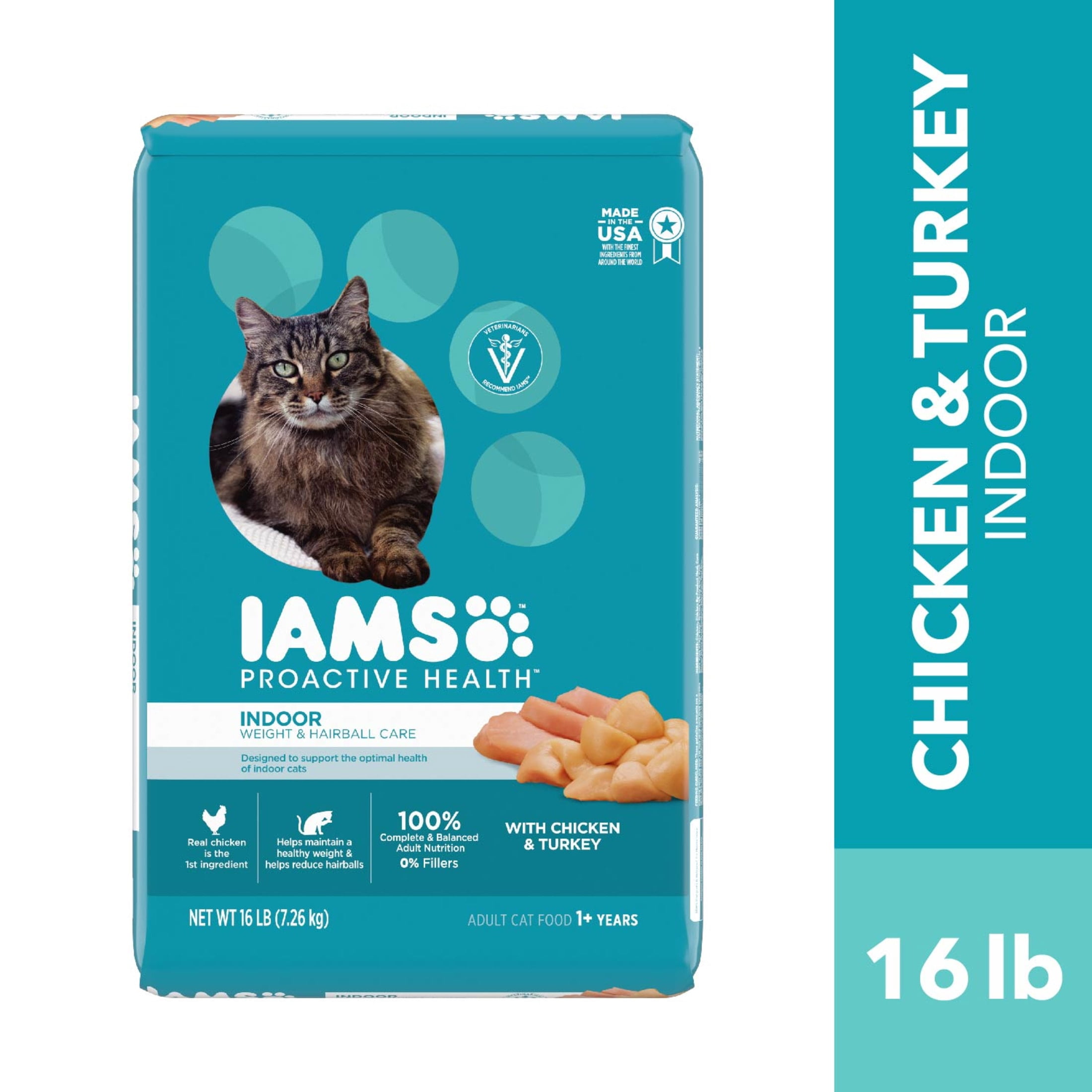 Iams Proactive Health Indoor Weight and Hairball Care Adult Dry Cat Food, Chicken and Turkey, 16 lb Bag