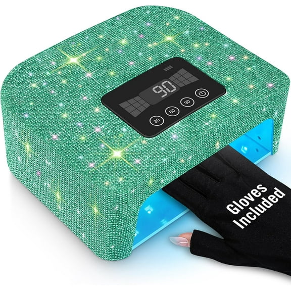 Cordless UV Nail Lamp, 120W Rechargeable UV Light for Nails, Nail Dryer with 4 Timer Modes, LED Nail Lamp Fully Decorate with Sparkling Nail Rhinestones Diamond (Green)