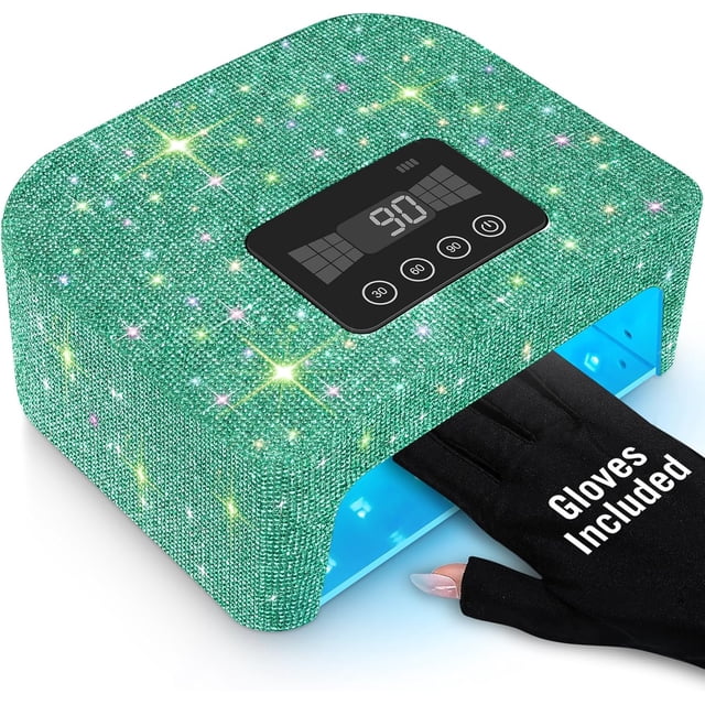 Cordless UV Nail Lamp, 120W Rechargeable UV Light for Nails, Nail Dryer with 4 Timer Modes, LED Nail Lamp Fully Decorate with Sparkling Nail Rhinestones Diamond (Green)