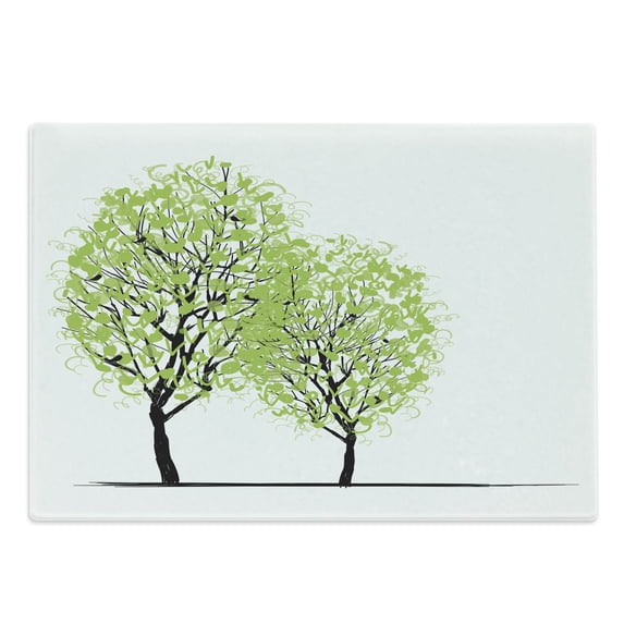 Tree of Life Cutting Board, Green Spring Trees with Birds Sitting on the Branch Warm Season Life, Decorative Tempered Glass Cutting and Serving Board, Large Size, Green Black Blue, by Ambesonne