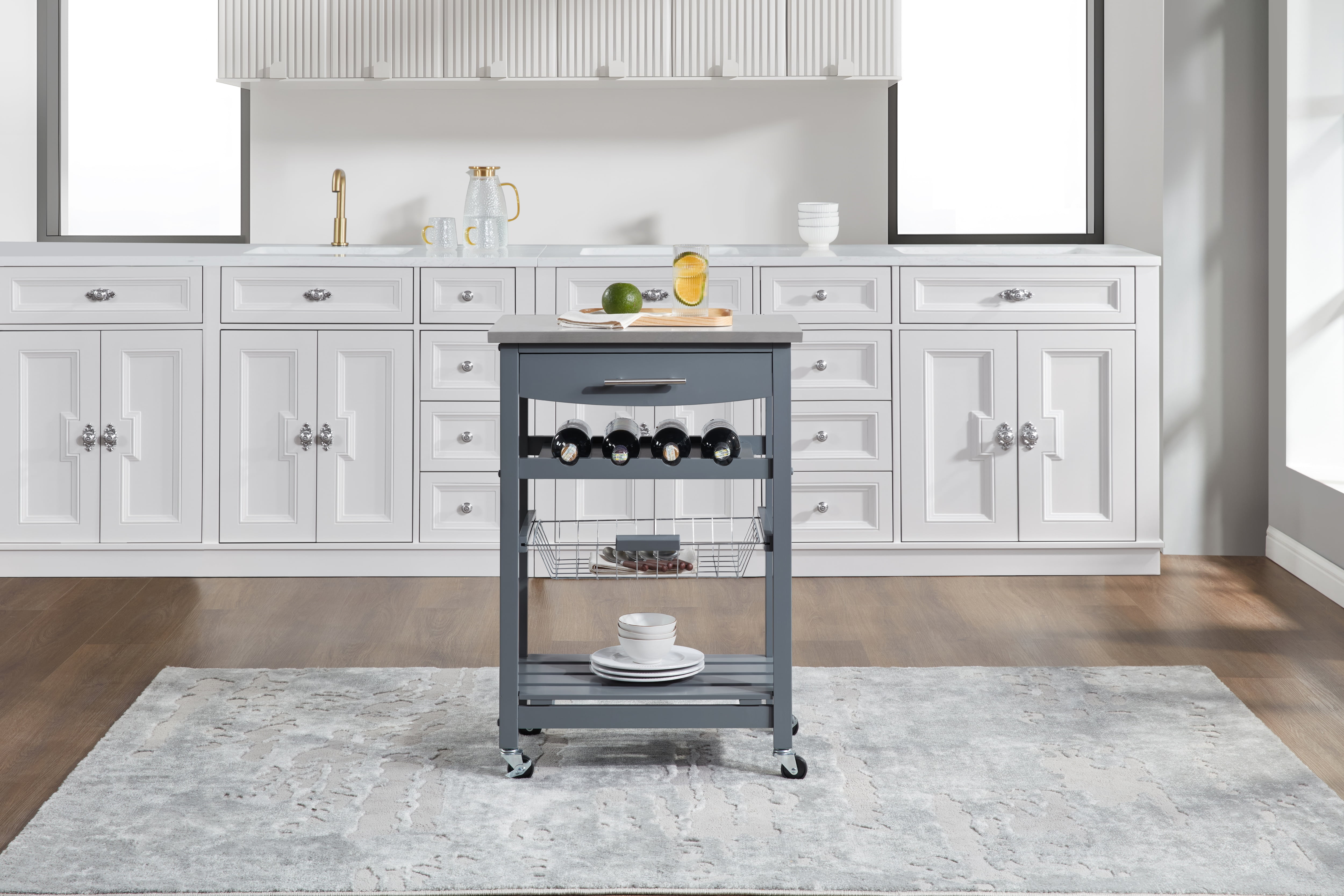 Mobile Rolling Kitchen Island with Stainless Steel Top, Drawer & Storage Basket