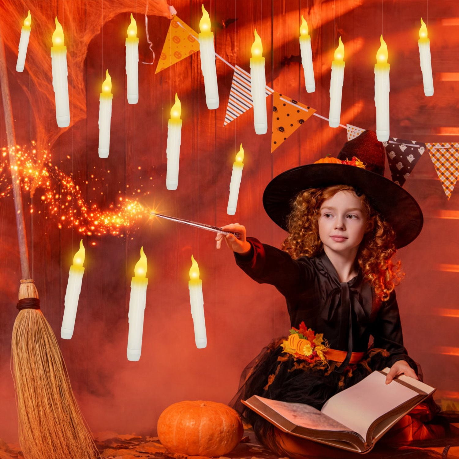 12Pcs Flameless Floating Candle Set with Magic Wand Remote 98ft Fishing Wire for Halloween Christmas Decor