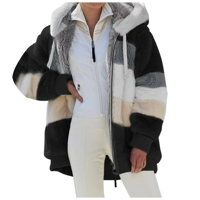 FOLUNSI Manteau à Capuche à Fermeture à Glissière en Peluche Ample et Chaud d'Hiver pour Femmes Grande Taille
