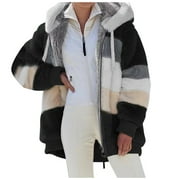 FOLUNSI Women Plus Size Winter Warm Loose Plush Zip Hooded Jacket Coat