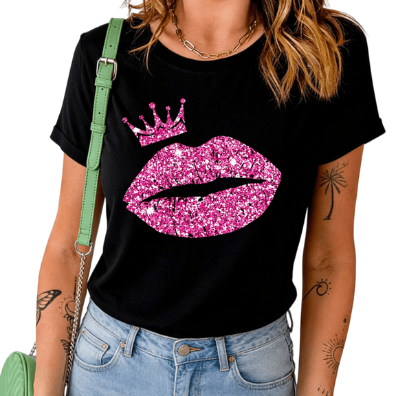UNISHE Women's Glitter Pink Lips Crown Graphic Short Sleeve T-Shirt Casual Cotton Crewneck Queen Top