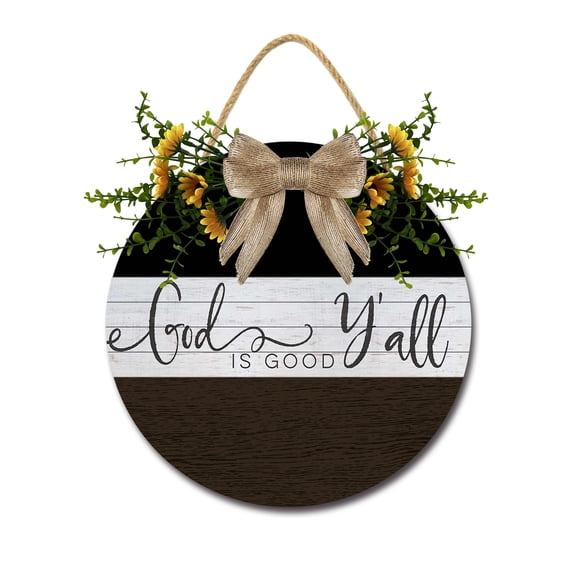 Front Door Porch Decorations God is Good Y'all Door Hanging Sign 11 inch Wooden Wall Sign, Rustic Holiday Wreath Decor for Front Door Porch Home Window Wall Farmhouse Decorations