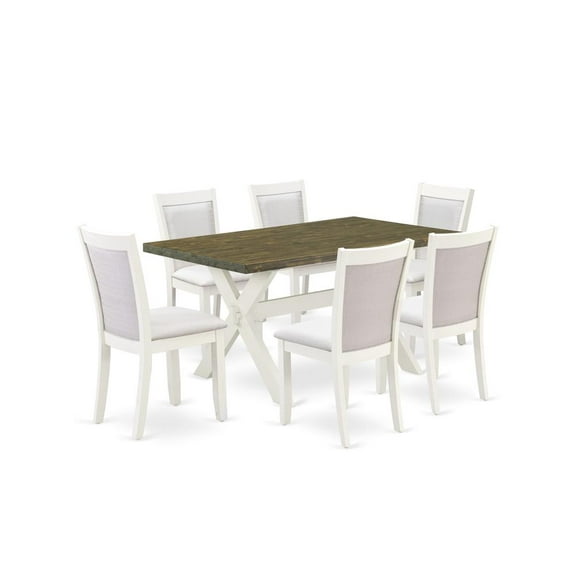 East West Furniture X076MZ001-7 7-Piece Modern Dining Table Set Consists of a Wooden Table and 6 Cream Dining Chairs - Wire Brushed Linen White Finish