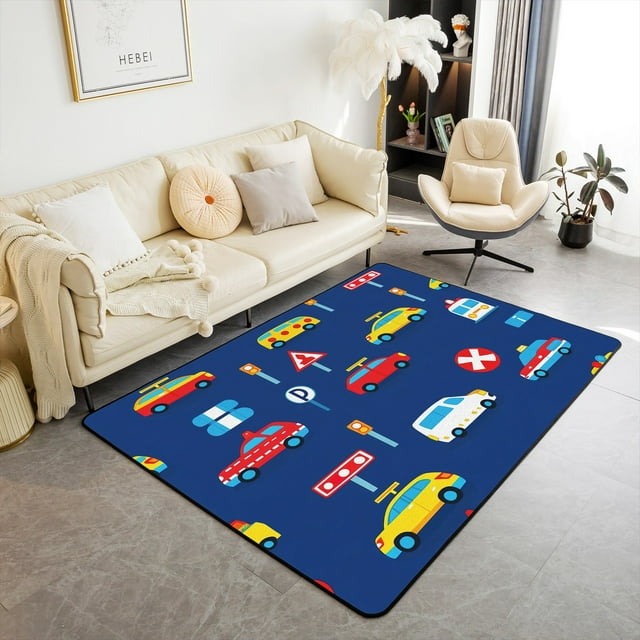 Cute Vehicles Area Rug 5x7 for Living Room,Road Traffic Carpet Non Slip,Cartoon Car Indoor Floor Mat for Bedroom,Transportation Decorative Rug