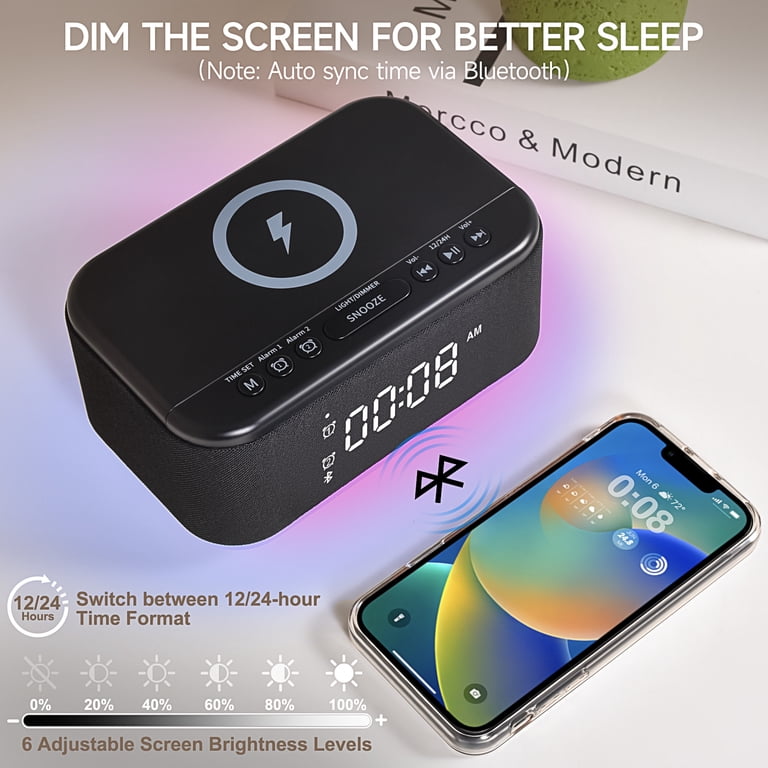 Fansbe Tech Vibrating Alarm Clock Wireless Charger, Digital Alarm Clocks  Bluetooth USB Port (Black)