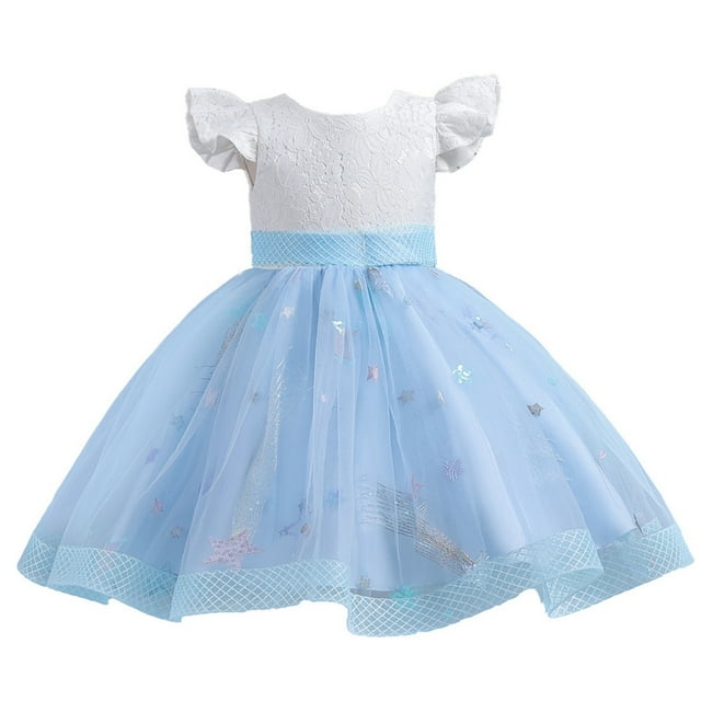 YOUSNH Enfants Tout-Petits Bébés Filles Printemps Été Imprimé à Volants Manches Courtes Robe de Princesse à Volants Sans Manches Spectacle Dentelle Tulle Robe de Fête Robes pour Filles Bleu Ciel 7-8 Ans