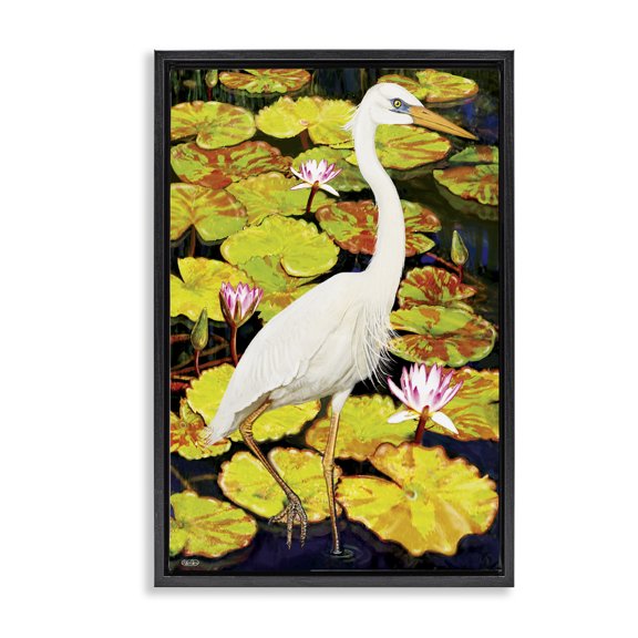 Stupell Industries Stepping Bird on Lily Pads Animals Painting Black Floater Framed Canvas Art Print Wall Art, 17 x 25