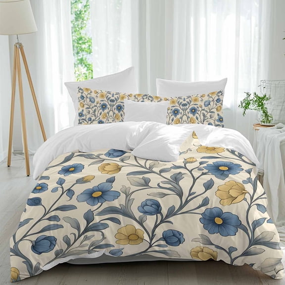 3 Piece Vintage Blue Yellow Duvet Cover Set Full Size, Microfiber Comforter/Quilt Cover with Corner Ties and 2 Pillowcases, Spring Enchanted Garden Florals All Season Soft Bedding with Zipper Closure