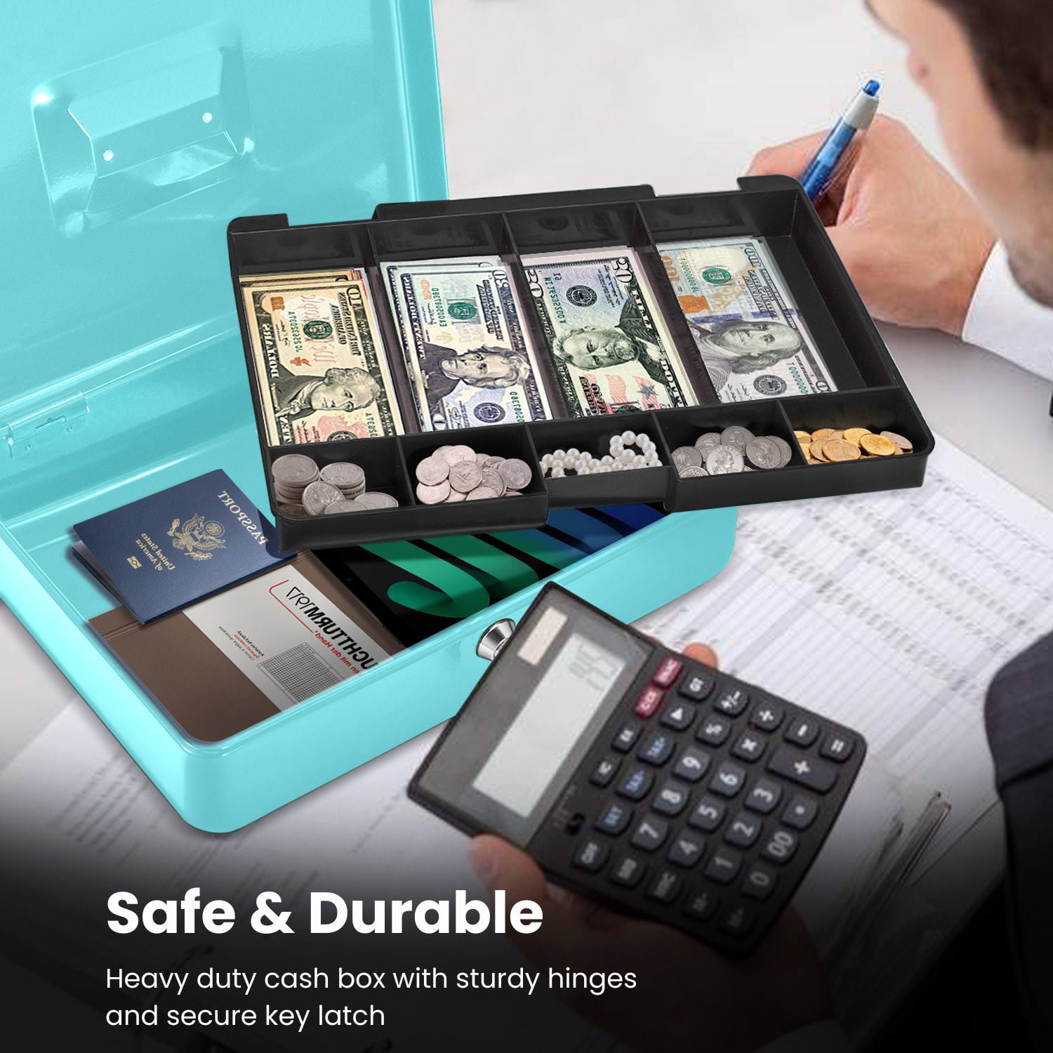 Cash Box with Money Tray and Lock - Metal Cash Box for Small Businesses, 9-Compartment Blue Money Box with Lock and Key for Petty Cash, Checks, Coins, Portable Money Box for Cash Storage