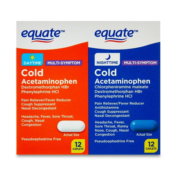 Equate Daytime & Nighttime Multi-Symptom Cold Relief Caplets Combo Pack, 24 Count (2x12 Count)