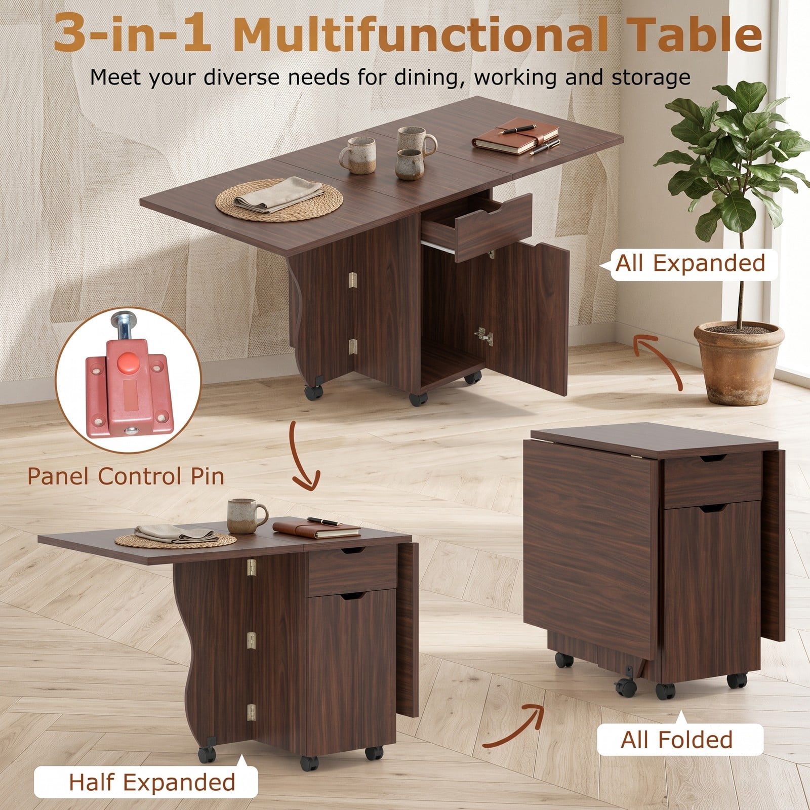 Furnibear 3-in-1 Folding Dining Table, Space-Saving Drop Leaf Kitchen Table with Storage Drawers, Cabinet & 6 Lockable Wheels for Small Spaces, Walnut