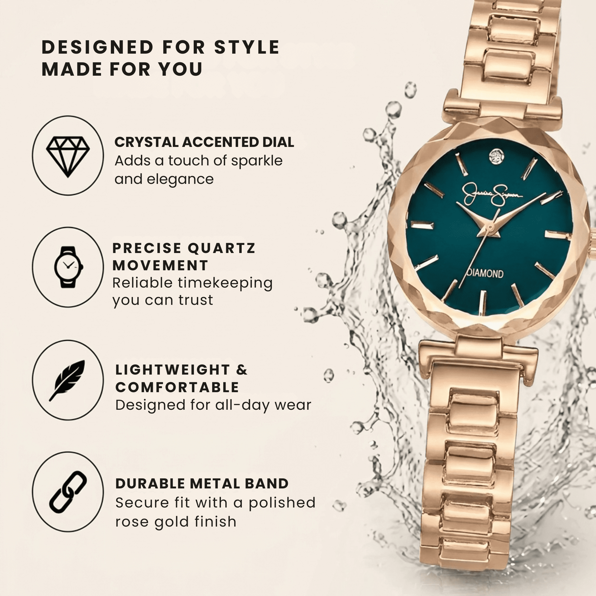 Jessica Simpson Diamond Collection Women Watch, Classic Quartz, Metal Band, Round Faceted Crystal Face, Elegant Dress Watch for Women