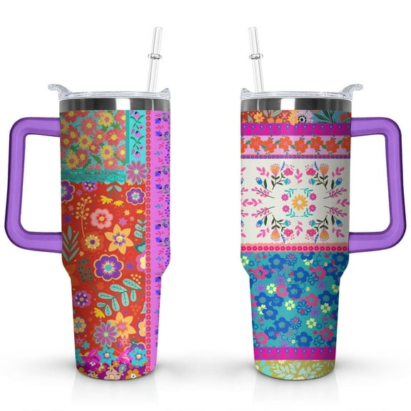 40oz Pioneer Patchwork Tumbler with Handle Lid and Straw,Bohemian Style Stitching Colorful Floral Vintage Tumblers Gifts for Women Girls Men Adults（Purple）