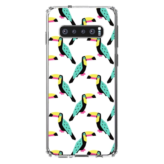 DistinctInk Clear Shockproof Hybrid Case for Samsung Galaxy S10 (6.1" Screen) - TPU Bumper, Acrylic Back, Tempered Glass Screen Protector - Summer Graphics - Toucan Pattern - Teal