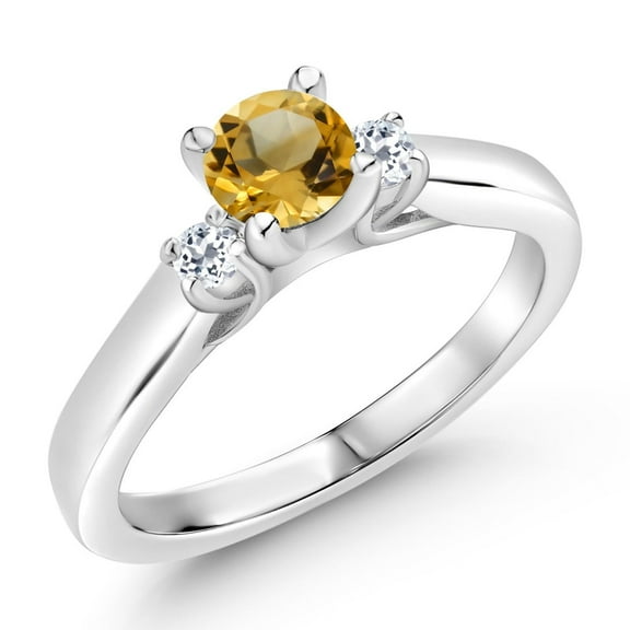 Gem Stone King 925 Sterling Silver Yellow Citrine and White Topaz 3-Stone Engagement Ring for Women (0.90 Cttw, Gemstone November Birthstone, Size 6)