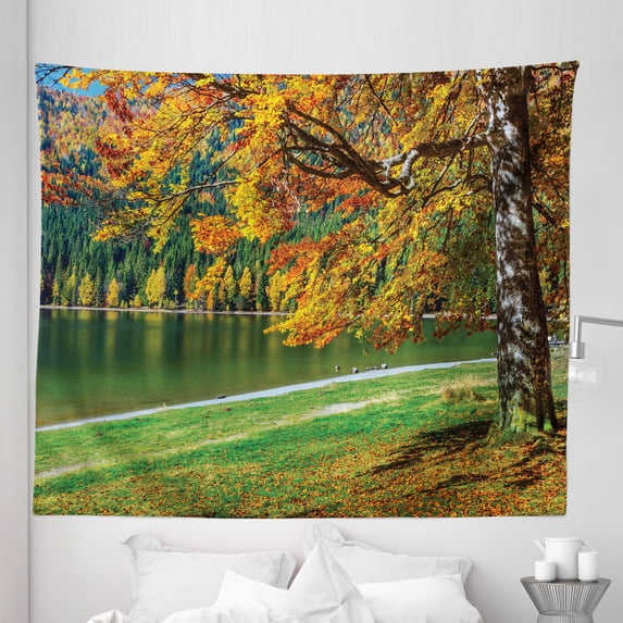 Trees Tapestry, Autumn Woods by European Volcanic Lake Mother Nature Peaceful Theme Print, Fabric Wall Hanging Decor for Bedroom Living Room Dorm, 5 Sizes, Green Orange and Brown, by Ambesonne