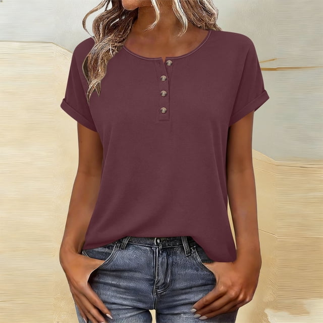 TaTaai 2026 Spring Summer Solid Color Short Sleeve Top for Women Round Neck Button Front Casual Blouse Basic Tee Comfy Daily Vacation Outfits Gift