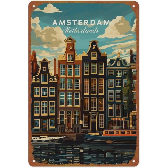 Amsterdam Canal Vintage Metal Tin Sign Wall Decor 8 x 12 Inches