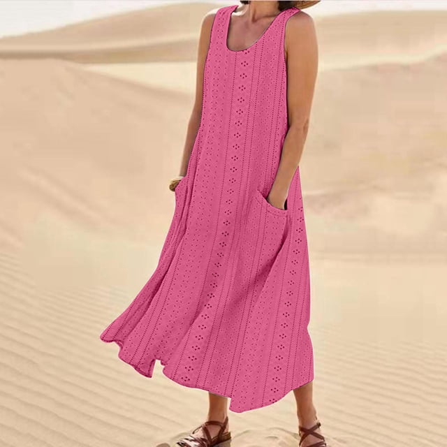 onlyliua Summer Dresses for Women 2025 Sleeveless Crew Neck Solid Cutout Tank Dresse Beachwear Regular Fit Beachwear Cotton Stylish for Picnics and Outdoor Events Holiday Deals