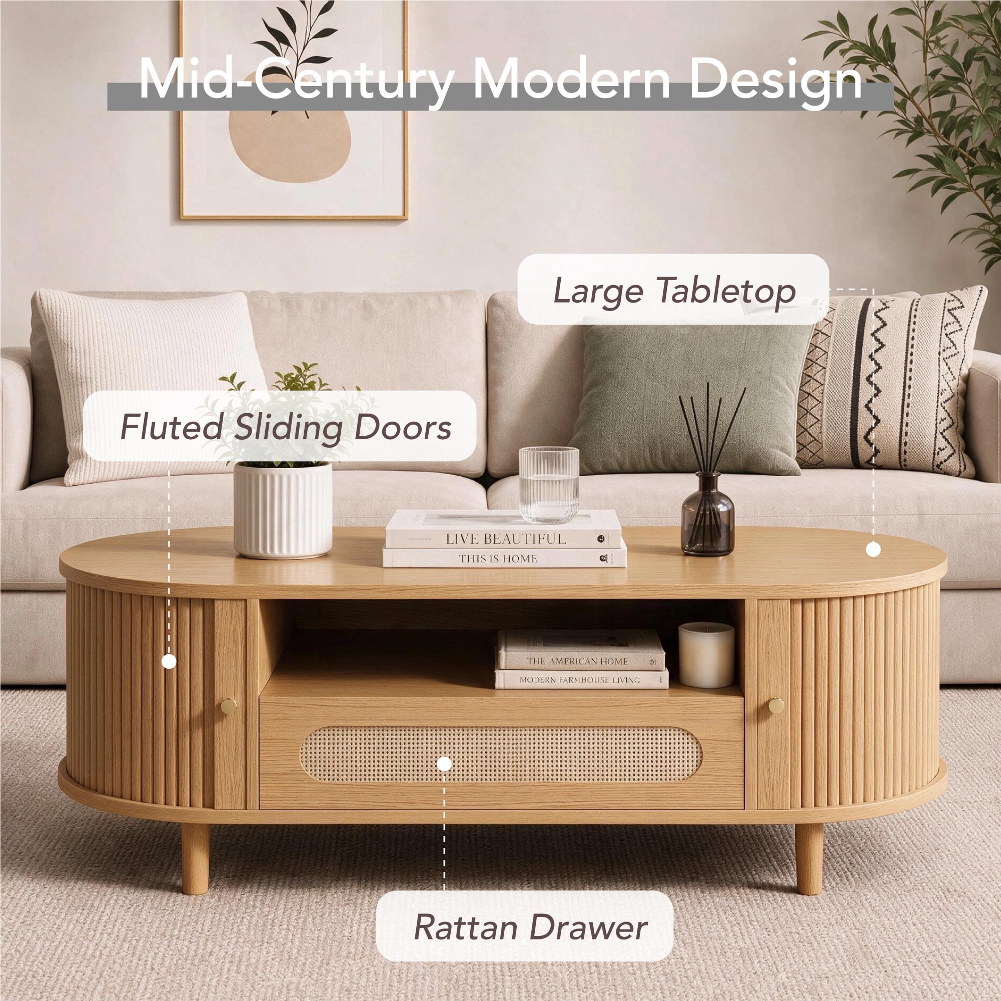 Spruce & Spring 47.2" Mid-Century Modern Rattan Coffee Table with Sliding Doors and Open Storage, Oval Center Table with Rattan Drawer, Solid Wood Legs for Living Room, Oak