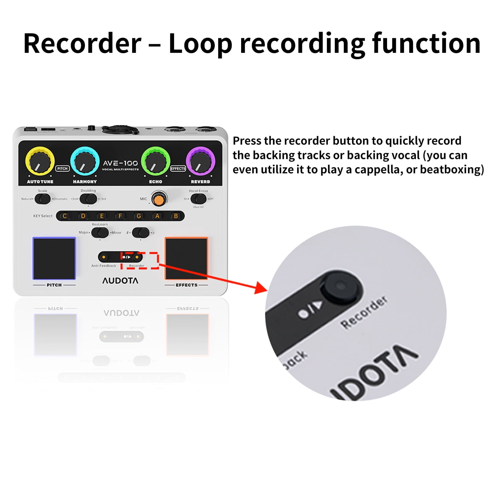 AUDOTA AVE-100 Vocal Multi-effects Processor with Reverb Delay Pitch Correction Three Harmony Modes Automatic Key Detection and Vocal Cancellation Function