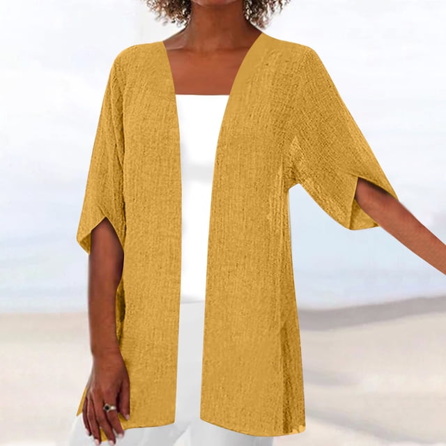 VEKDONE Cotton Linen Cardigan for Women Fall Half Sleeve Lightweight Cardigans Solid Color Loose Open Front Outwear Plus Size Breathable Cover Ups Capes Yellow XXXXXL