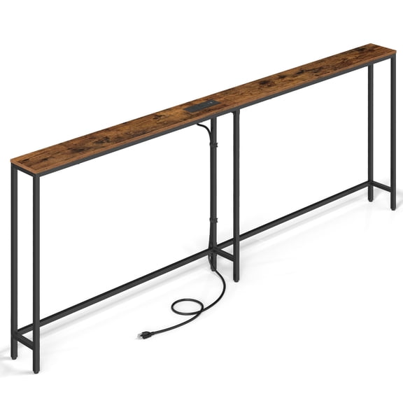 VASAGLE Narrow Console Table with Power Outlets, 78.7 inches, Rustic Brown, Matte Black
