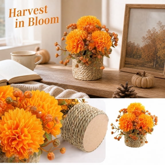 Artificial Mum Potted Plant Faux Orange Chrysanthemum in Straw Pot Realistic Fall Flower Arrangement Thanksgiving Table 5.5-Inch Orange