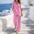 thumbnail image 4 of YABCSAZ Women's Cotton Linen 2-Piece V-Neck Top and Wide Leg Pants Set Casual Summer Outfits Lightweight Breathable Loose Fit Two Piece Set Pink, Gifts for Women, 4 of 8