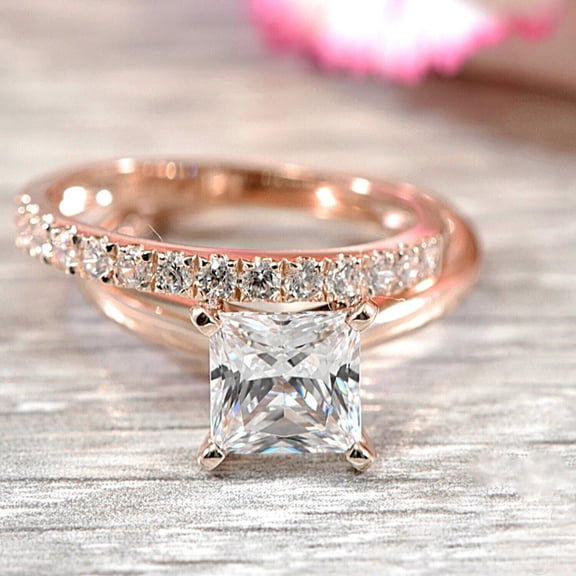 Rose Gold Plated Silver Princess Cut Bridal Ring Set for Women, Diamond 2 Piece-6.5
