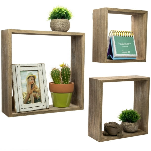 Floating Rustic Wall Shelves Set of 3 Nested Barnwood Cube Shelves