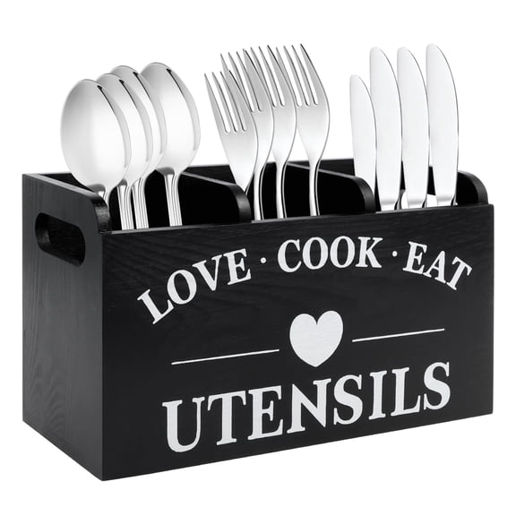 AEVXKHI 3 Compartments Wooden Kitchen Utensil Holder, Sturdy Silverware Caddy Organizer Holder, Farmhouse Wood Cooking Utensil Stand, for Farmhouse Kitchen Countertop