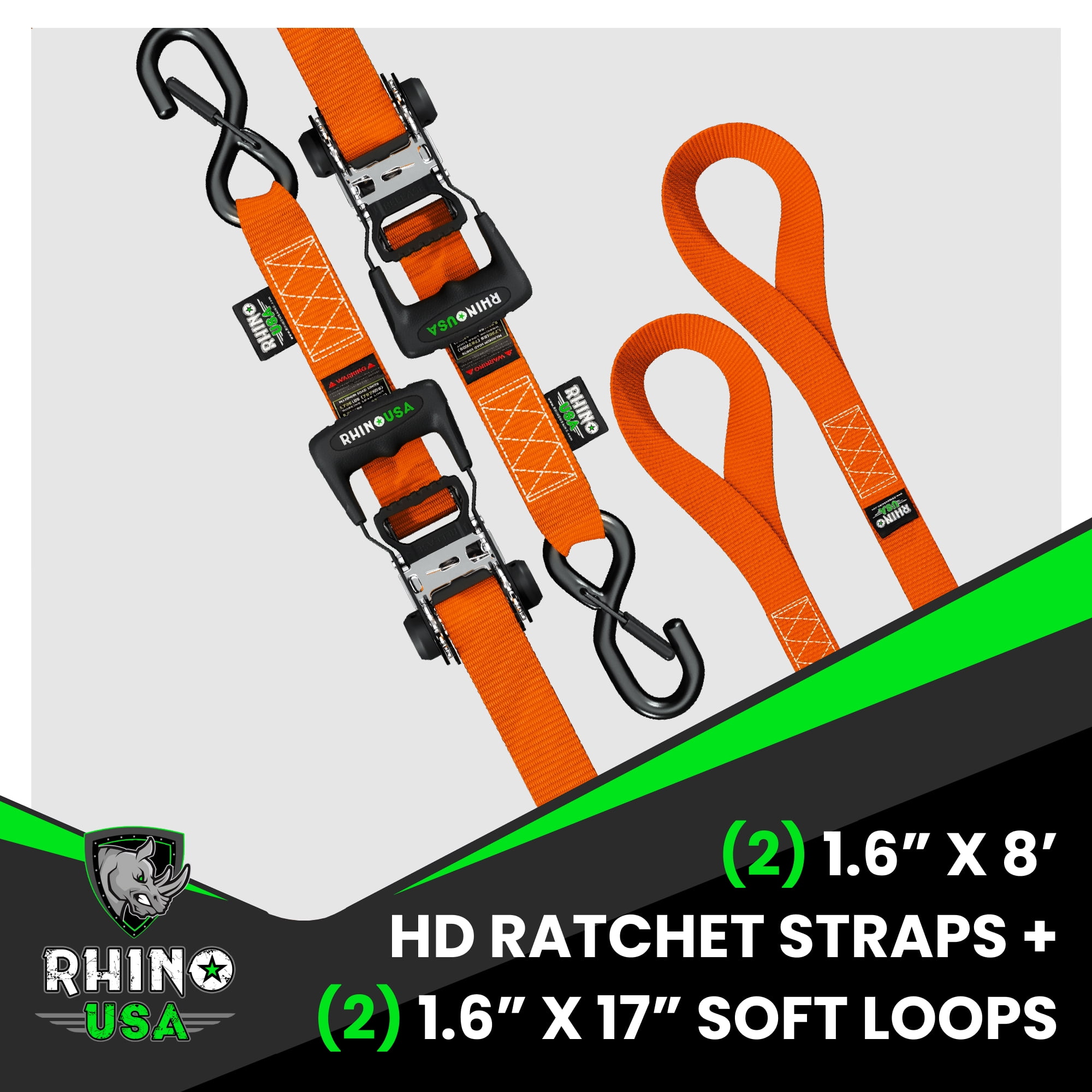 Rhino USA 1.6" x 8' Heavy Duty Ratchet Tie-Down Set with S Hooks - 5,208lb Break Strength (Orange 2pc)