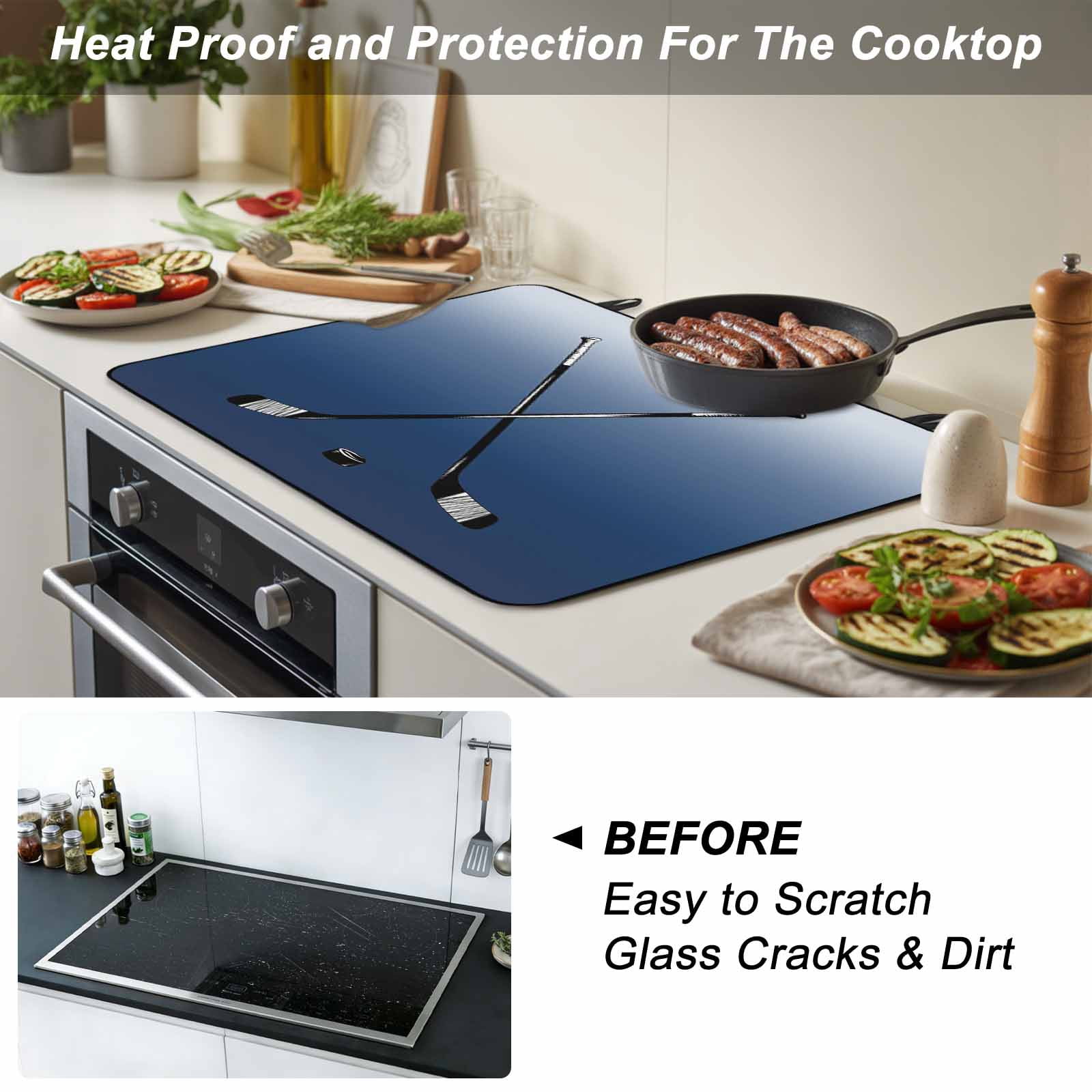 Navy Blue Ombre Stove Top Cover for Electric Stove, Heat-proof & Non Slip Glass Top Stove Cover Protector, Black Hockey Sticks Minimalist Style Kitchen Flat Cooktop Rubber Mat 24x21 Inches