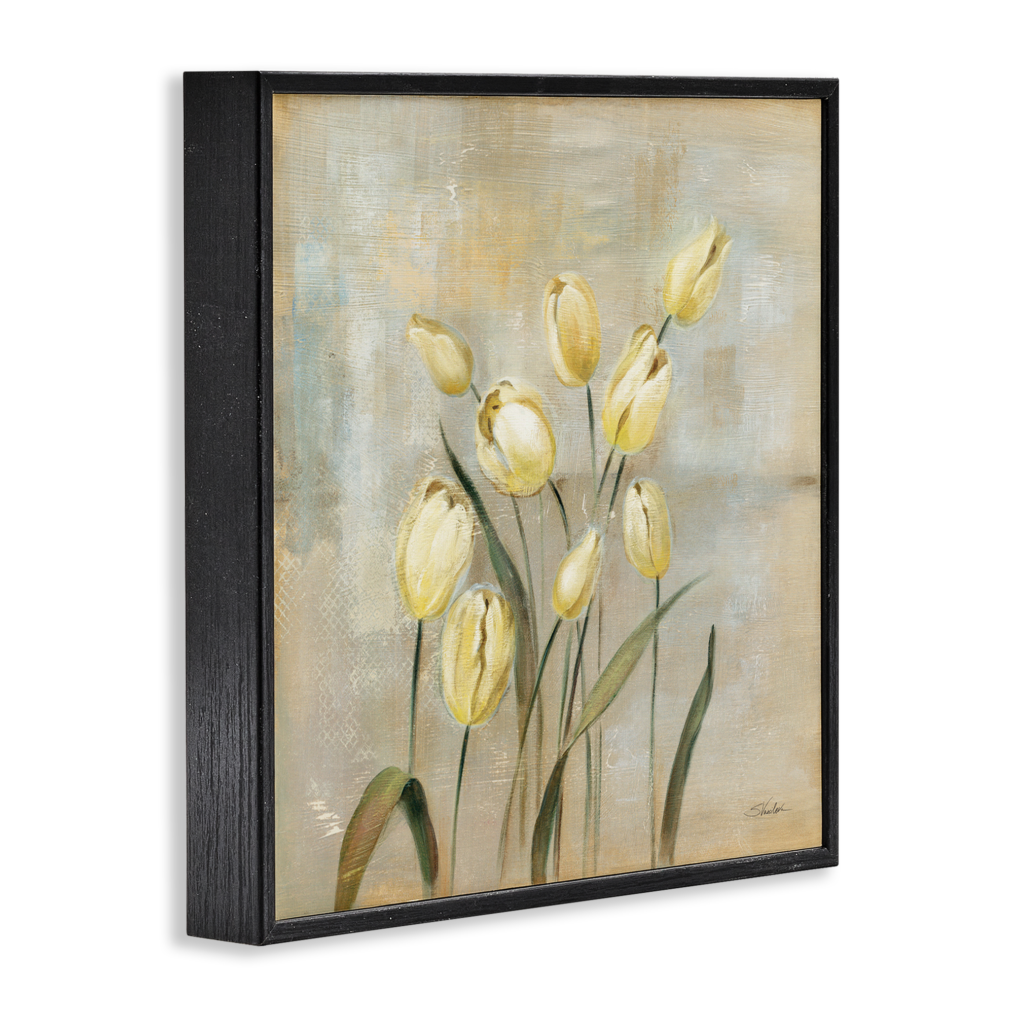 Stupell Industries Yellow Tulips on Beige Botanical & Floral Painting Black Framed Art Print Wall Art, 12 x 12