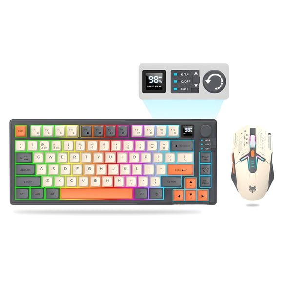 75% Wireless Gaming Keyboard and Mouse Combo, Tri-Mode BT5.0, 2.4GHz, and USB-C Connectivity, RGB Backlit 80-Key Keyboard with Knob Volume Control, 1600DPI 3D Mouse, 2000mAh Battery(Black)