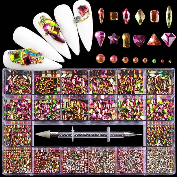 Uñas postizas, uñas postizas, regalos para mujeres, caja de diamantes para decoración de uñas, juego de joyas para decoración de uñas DIY con forma de diamante de vidrio plano, taladro para uñas