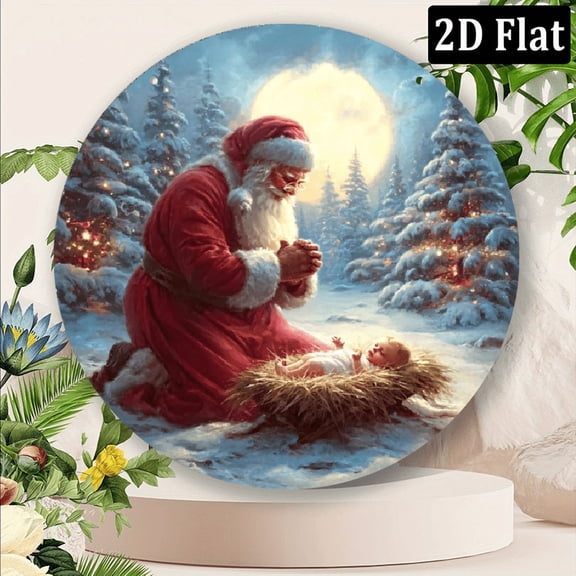 Santa Jesus Wreath Sign 8*8inch Round Iron Festive Christmas Halloween Decor For Home, Kitchen, Garden, Office - Perfect Gift for Holiday Lovers