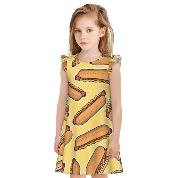 Fotbe Hot Dogs Vestido de Dormir para Niñas de 3 a 10 Años, Mangas Cortas, Estilo Princesa, Pijama Camisón con Mangas Voladas-Large