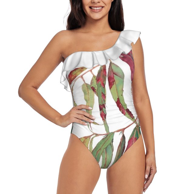 A Touch Of Red-Watercolour Of Eucalyptus Branch Ruffle Swimwear Women One Piece Swimsuit Monokini Push Up Bathing Suit