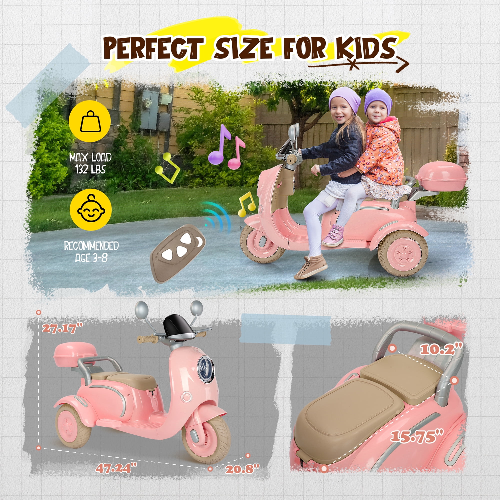 Letsgokid 2 Seater Electric Motorcycle, 12V Ride On Motorcycle with USB, Music, Bluetooth, Light, Big Storage Box, Motorcycle for Kids 3+