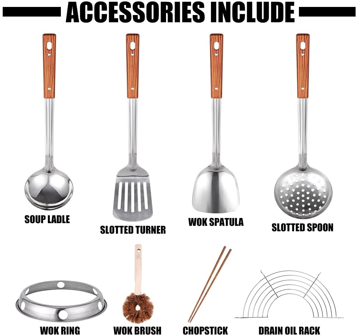13.4 Inch Hand Hammered Carbon Steel Wok Set, Traditional Round Bottom Chinese Wok Pan with 8 Pieces Complete Cookware Accessories