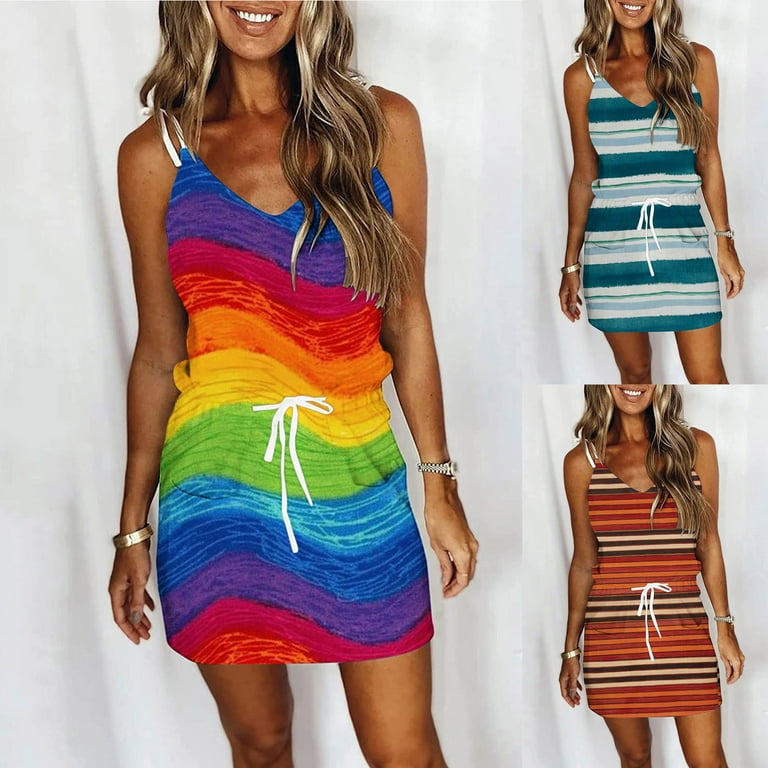 Extra Small Dresses for Petite Women Women V Neck Stripe Rainbow Mini Dress Spaghetti Strap Sleeveless Summer Drawstring Tank Dress With Pocket Women