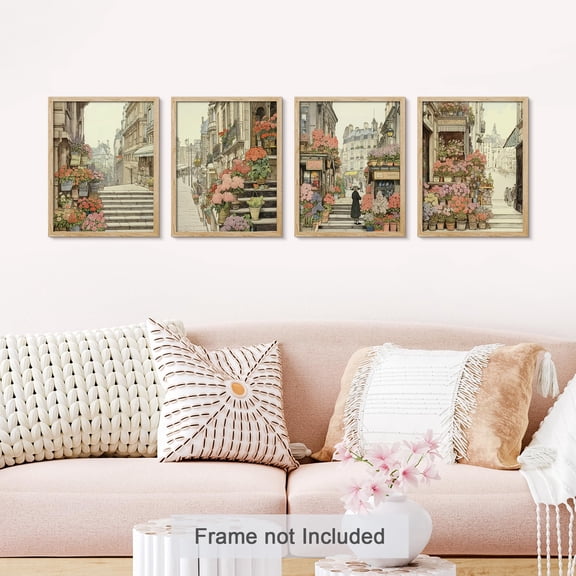 PixonSign Adhesive Wall Art City Street With Flowers Landscape Posters, Set of 4 Vintage Buildings Rustic Retro Art, Multicolor Scenic Minimalism Canvas Prints for Home Decor - 8"x10"